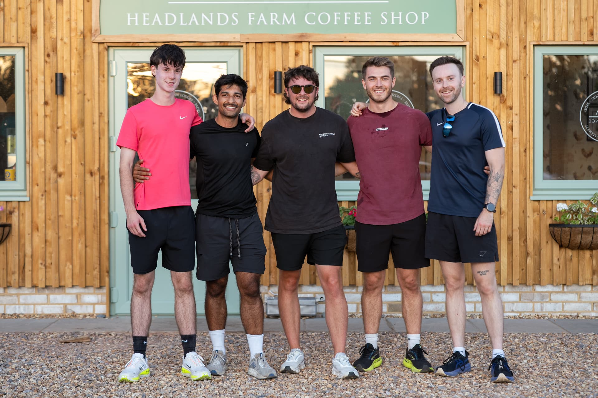 Group of men after a NERVA community run at Headlands Farm, West Wellow, Hampshire
