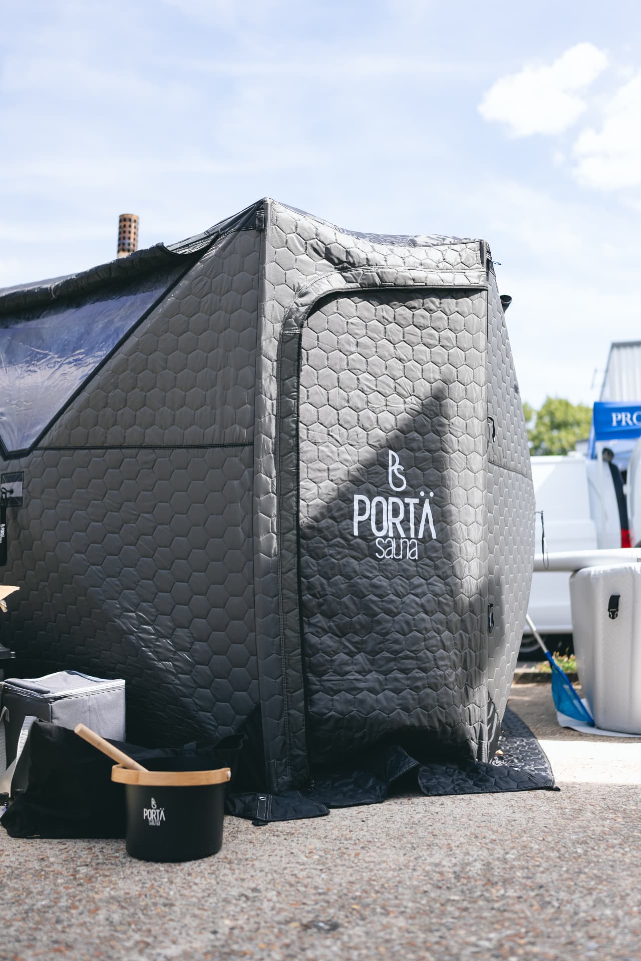 PortaSauna wood-fired sauna tent set up for a NERVA pop-up in Hampshire